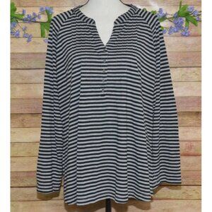 Vintage Faded Glory Women's Gray Striped V-Neck Blouse 4X Long Roll Tab Sleeves